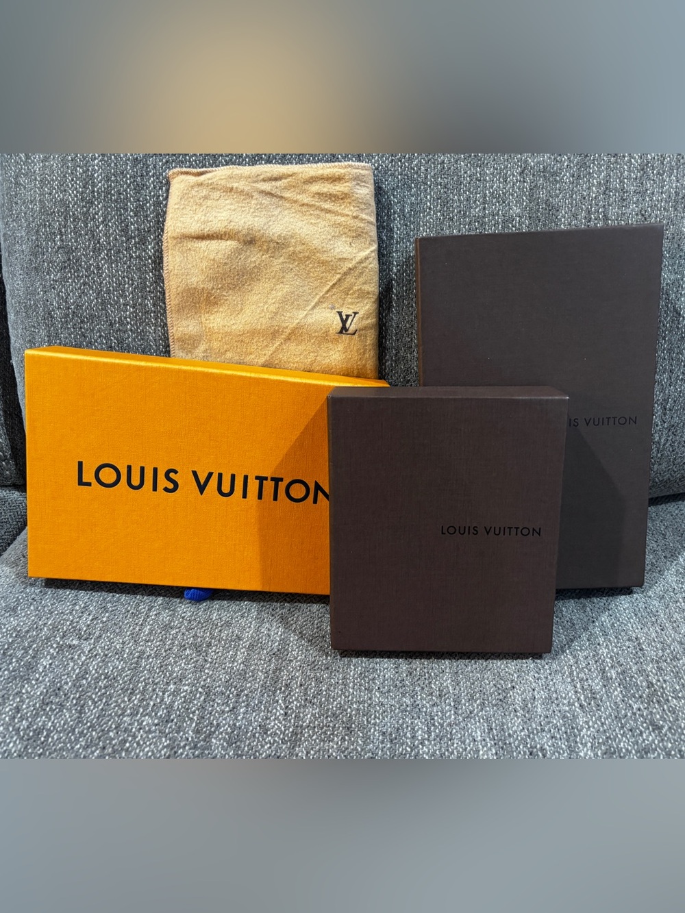 Louis Vuitton Brown Boxes with Orange Presentation Box and Tan Dust Bag